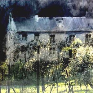 Una casa nel verde - disegno a matita e collage di Jane Minter